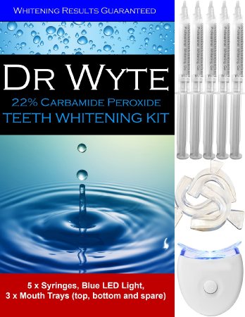 ★ Teeth Whitening Kit Deluxe ★ Home Bleaching by Dr Wyte with 5 XL Carbamide Peroxide Gel Syringes, Blue LED Whitener Accelerator Light and 3 Thermoform Moldable Mouth Trays. Instant Results
