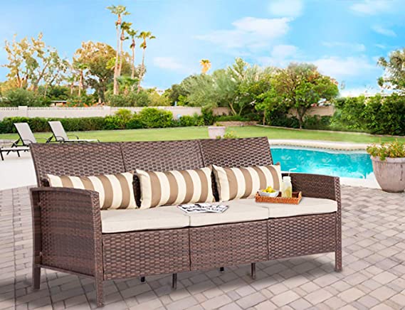 SOLAURA Outdoor Furniture Couch Brown Wicker Patio Sofa 3 Seat Light Brown Cushions with Throw Classic Gold Stripe Pillows