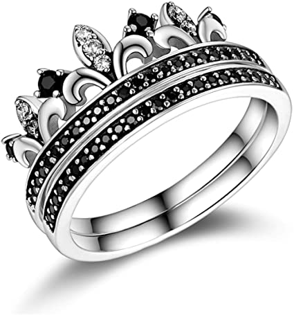 2 in 1 925 Sterling Silver Crystal Rings Wedding Engagement Ring Set for Women Girls Black (6)