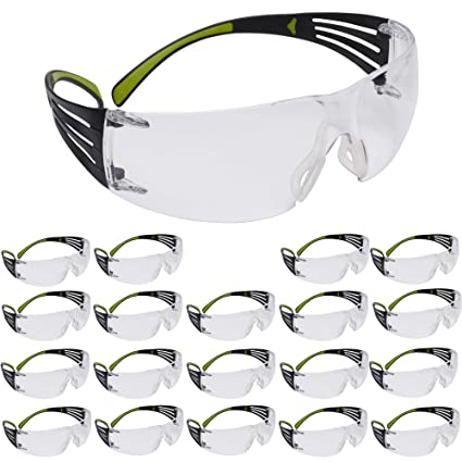 3M Safety Glasses, SecureFit, 20 Pack, ANSI Z87, Anti-Fog Anti-Scratch Clear Lens, Green/Black Frame, Flexible Temples