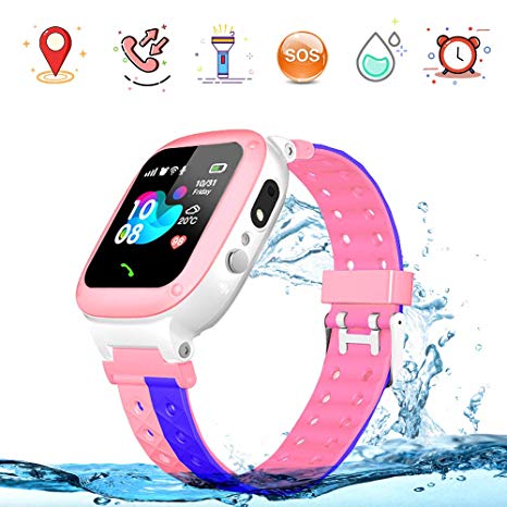 Kids Smart Watch Phone LBS Tracker Waterproof Smartwatches Flashlight Alarm SOS Birthday Gift Toys for Boys Girls Children Compatible for iOS and Android (pink)