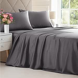 Bamboo Sheets Queen Size - Cooling Sheets Queen - 100% Bamboo Derived From Rayon - Deep Pocket Bamboo Sheets - Luxury Queen Bamboo Sheets - Super Soft Bamboo Sheets - Queen Bamboo Sheet Set, Dark Grey