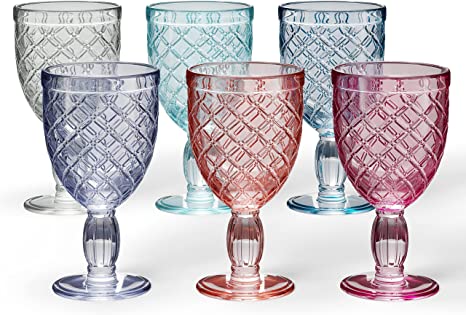 Kook Multi Colored Glass Goblets, Vintage Drinking Glasses, Beverage Cups, for Iced Tea, Wine, Soda, Water and Juice, Kitchen and Bar, 10 oz, Set of 6