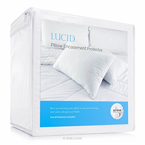 Lucid 100-Percent Waterproof Pillow Encasement Protector, 15 Year Warranty, Vinyl Free, Queen Size, Set of 2