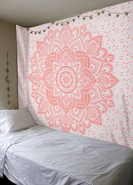 Rose Gold Ombre Tapestry by Labhanshi , Mandala Tapestry, Queen, Indian Mandala Wall Art Hippie Wall Hanging Bohemian Bedspread