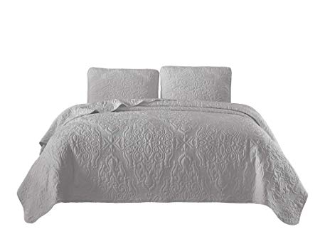 Chezmoi Collection Frederick 3-Piece Cooling Bamboo Fiber Quilt Bedspread Embroidered Medallion Damask Woven Quilted Coverlet Set (Queen, Gray)