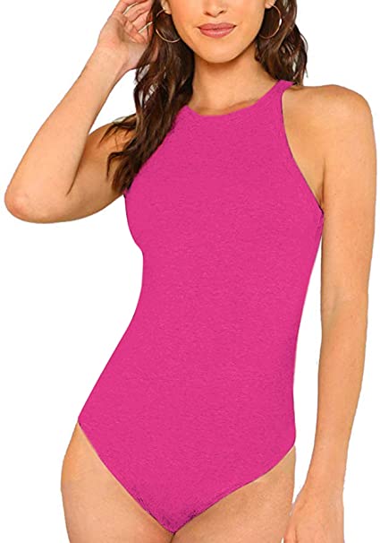 Milumia Women Skinny Halter Bodysuit Mid Waist Solid Fitted Tank Shapewear Romper Top