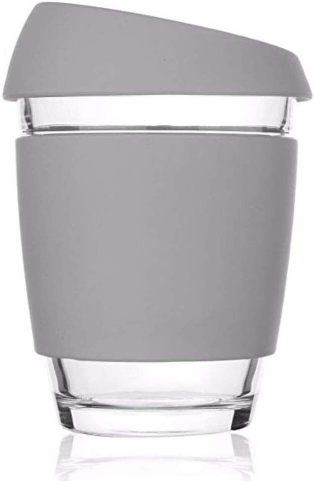 Wave Reusable Glass Coffee Tea Cup - Silicone Lid Travel Mug Takeaway - Barista Size 12oz/350ml - Unisex Eco-Friendly (Grey)
