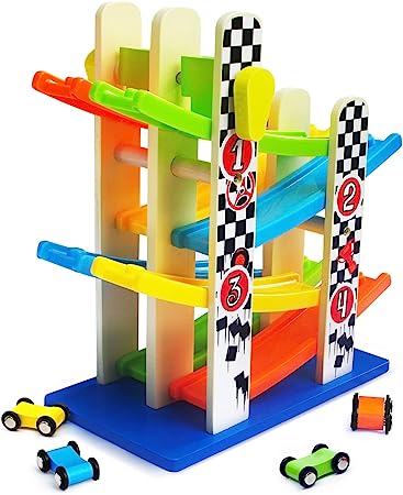 Toddler Toys for 1 2 3 Year Old, Car Ramp Toy, Double 4 Level Wooden Track Car Race Toy with 4 Mini Cars, Montessori Toys for Age 1 2 3 Boys & Girls, Car Ramp Race Track Toy