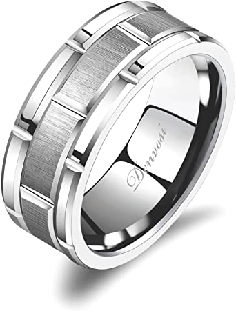 Denvosi Mens Wedding Band, Tungsten Rings for Men, 8MM Silver Brick Pattern Matte Brushed Surface Engagement Anniversary Ring Fit Size 6-15