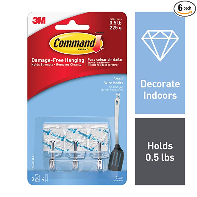 Command Wire Hooks, Small, Clear, 3-Hook, 6-Pack (18 Hooks Total) - 17067CLR