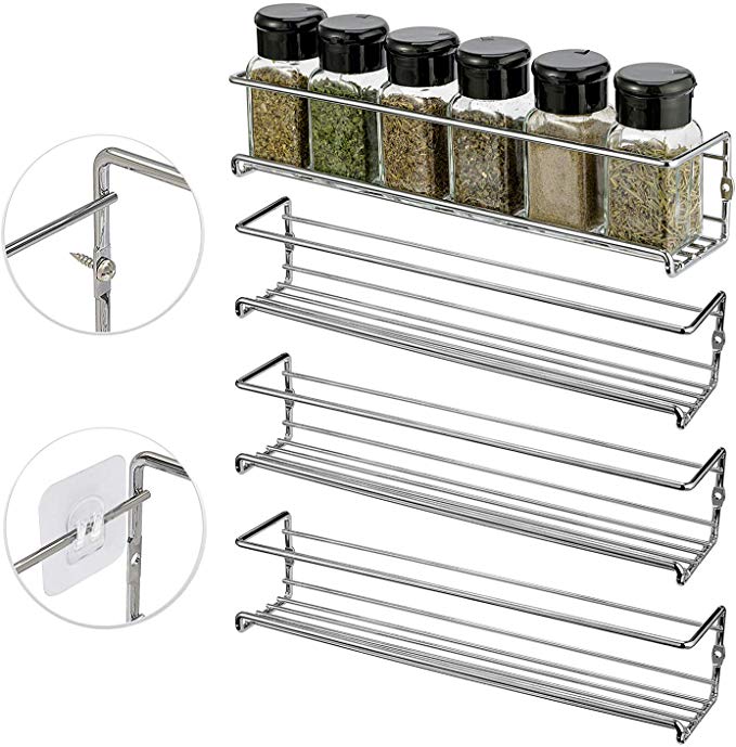 X-Chef Spice Rack Organizer for Cabinet Door or Wall Mount, Seasoning Storage Hanging Shelf for Kitchen Pantry Cupboard, Chrome Finish, 4 Pack