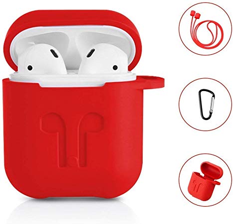 Airpod Case Cover Skins, iKNOWTECH 3 in 1 AirPods Accessories Set Protective Silicone Cover and Skin Compatible Apple AirPods Charging Case with Keychain/Anti-Loss Strap for Apple AirPods 1 & 2 (Red)
