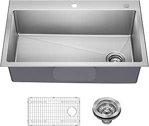 KRAUS Fairlane 33-inch Drop In/Top Mount Single Bowl 18-Gauge Stainless Steel Kitchen Sink, KHT640-33