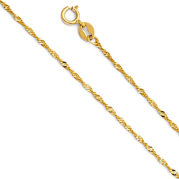 14k REAL Yellow OR White OR Rose/Pink OR Tri Color Gold Solid 1.2mm Singapore Chain Necklace with Spring Ring Clasp