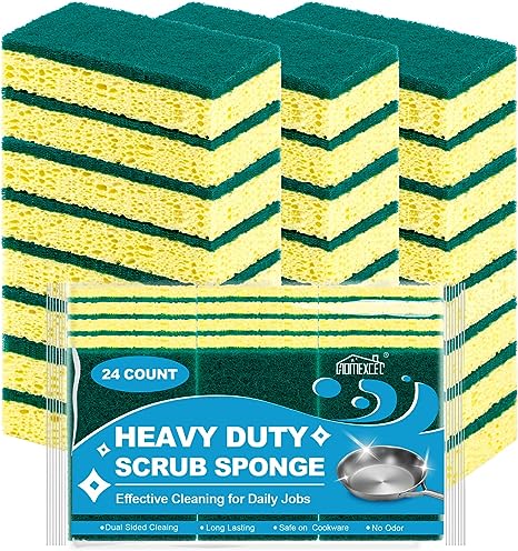 HOMEXCEL Heavy Duty Sponges Kitchen 24 Pack, Scrub Sponges for Cleaning, Dish Sponges for Washing Dishes, Dual Sided Cellulose Sponge Safe on Dishes, Pots, and Pans