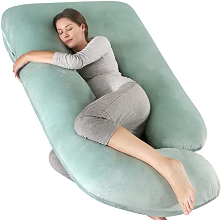 Elover Pregnancy Pillow U-Shaped Full Body Maternity Support Pillow for Pregnant Women with Replaceable and Washable Velvet Cover Size 60" (Green, Velvet)