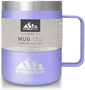 Hydrapeak 12oz Stainless Steel Double Vacuum-Insulated Coffee Mug, Reusable Travel Cup with Integrated Handle and Press In Lid (Lilac)