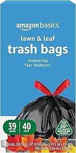 Amazon Basics Lawn & Leaf Drawstring Trash Bags, 20% Post Consumer Recycled Content, 39 Gallon, 40 Count, Pack of 1