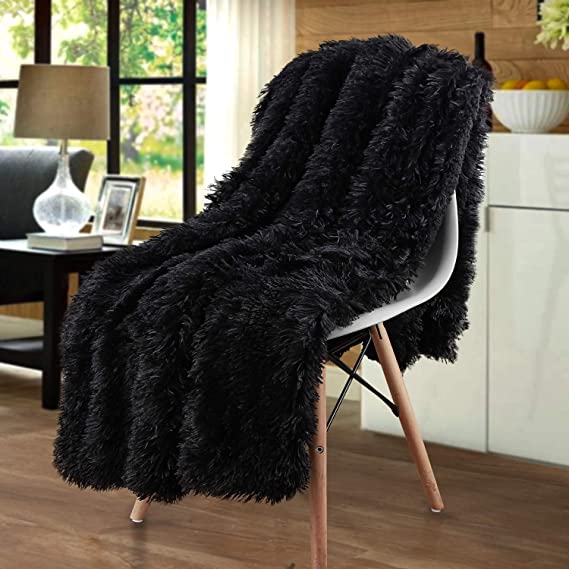 Merelax Ultra Soft Shaggy Faux Fur Blanket, Luxury Plush Fuzzy Bed Throw Christmas Decorative Longfur Blankets, Cozy Sherpa Fluffy Blanket Warm for Winter, Couch, Photo Props (50" x 60" Black)