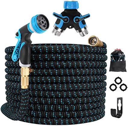 Gpeng 50ft Expandable Garden Hose , Water Hose with 8 Function Nozzle, Durable 3-Layers Latex Core with 3/4" Solid Brass Connectors/Alloy Splitter, Flexible Collapsible Retractable Hoses