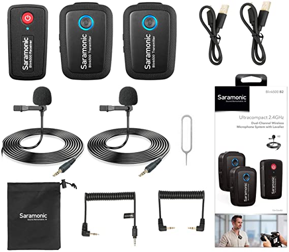 2.4GHz Wireless Microphone System Two Transmitters for Camera Smartphone, Saramonic Ultracompact Dual-channel Mic for DSLR, Mirrorless, Video Cameras, Mobile Devices Youtube Facebook Live (TRS & TRRS)