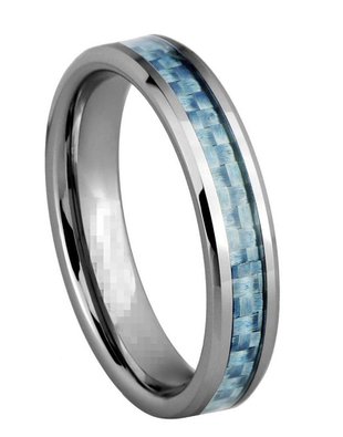 King Will 4MM Unisex Tungsten Ring Baby Blue Carbon Fiber Inlay Wedding Enagement Ring Beveled Edges