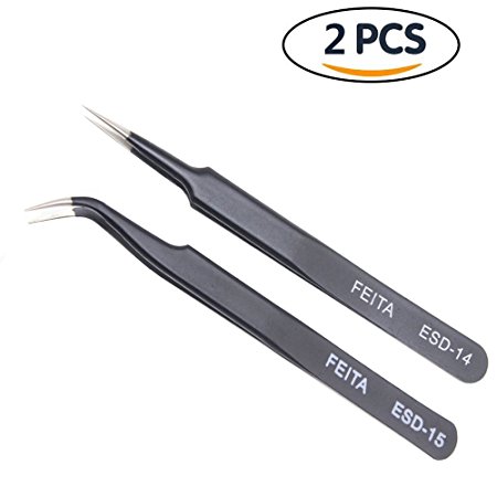 FEITA ESD 14&15 Tweezers Stainless Steel Anti-static Precision Tweezers for Industrial,lab,Jewelry-making,Hobbies (2 pcs/pack)
