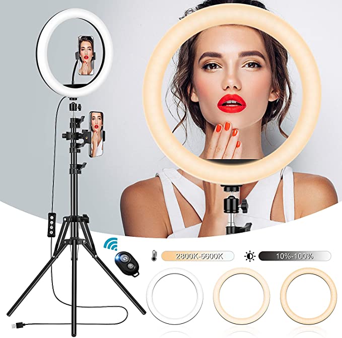 12’’ Selfie Ring Light with Tripod Stand and Phone Holder, TBJSM Dimmable LED Beauty Camera Ringlight with Extendable Phone Clip for Makeup, Photography, TikTok and YouTube Video Shooting