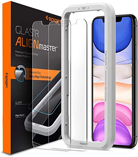 Spigen, 2 Packs, iPhone 11 Tempered Glass Screen Protector/iPhone XR Tempered Glass(6.1"), AlignMaster, Auto-Align Technology, Case Friendly, Face ID Compatible, 6.1 iPhone 11 / XR Screen Guard