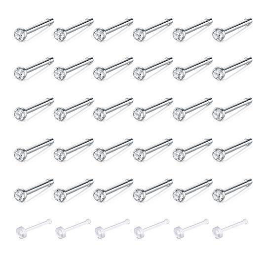 Zolure Surgical Steel Nose Pin Bone Screws Studs 18G 20G 20-32PCS Body Piercing Set Jewelry, Clear Nose Stud Retainer for You