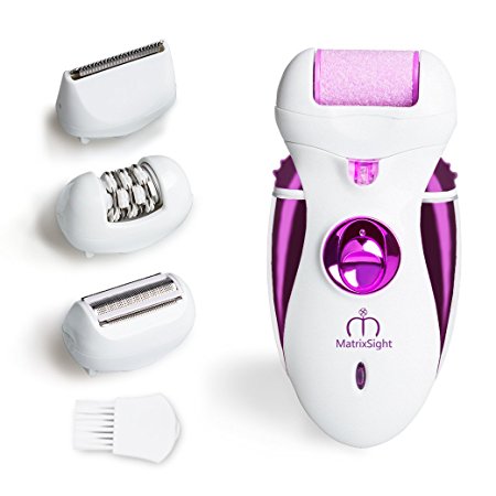 MatrixSight Set 4 in 1 Best Electric Device for Women: Epilator/Callus Remover/Shaver/Hair Clipper.RechargeableLED Spot Light with Gift Bag Gentle to All Kind of Skin Great Lady EverydayCare Gift Idea