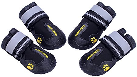 QUMY Dog Boots Waterproof Shoes for Large Dogs with Reflective Velcro Rugged Anti-Slip Sole Black 4PCS (Size 6: 2.9x2.5 inch)