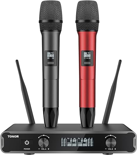 TONOR Wireless Microphone Systems, Dual 2x10 adjustbale UHF Channels Micro Kit, Metal Handheld Dynamic Singing Mic 200ft with Receiver for Karaoke, DJ Party, Church, Wedding, Speech, PA TW450 Grey&Red