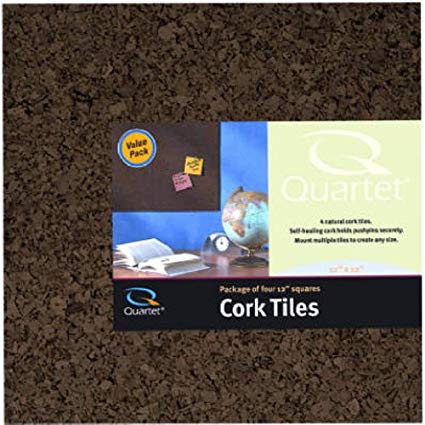 Quartet Cork Board Tiles, 12" x 12", Corkboard, Mini Wall Bulletin Boards, Modular, Dark Brown, 4 Pack (15050Q)