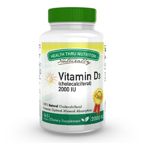 Vitamin D3 2000 IU, 365 Softgels, Soy Free, USP Grade Natural Vitamin D.