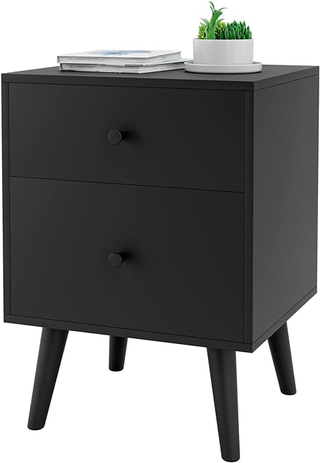 COSTWAY Bedside Table, Wooden Nightstand Sofa Side Tables with 2 Storage Drawers, Solid Wood Legs Bedside Cabinet End Table for Living Room Bedroom (1, Black)