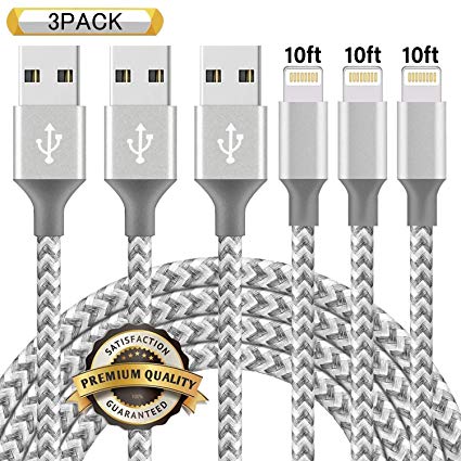 Phone Charger,Ulimag MFi Certified Lightning Cable 3 Pack 10FT Extra Long Nylon Braided USB Charging & Syncing Cord Compatible iPhone Xs/Max/XR/X/8/8Plus/7/7Plus/6S/6S Plus/SE/iPad/Nan Grey White
