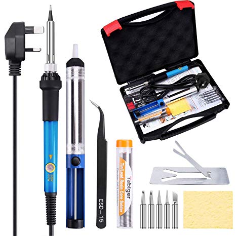 TABIGER Soldering Iron Kit - 60W Temperature Adjustable Electric Solder Iron Gun Welding Set with Toolbox (12 Pieces kit)