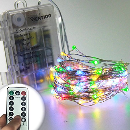 WERTIOO Battery String Lights with Remote Control,33FT 100LEDs,8 modes,Waterproof Battery Powered Sliver Wire LED Starry String Light Indoor/Outdoor Rope Lighting for Bedroom,Christmas(10m,RGB)
