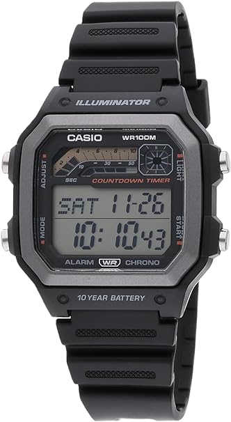 Casio Illuminator 10-Year Battery Countdown Timer Alarm Chronograph Men's Watch WS1600H-1AV, Resin, Black