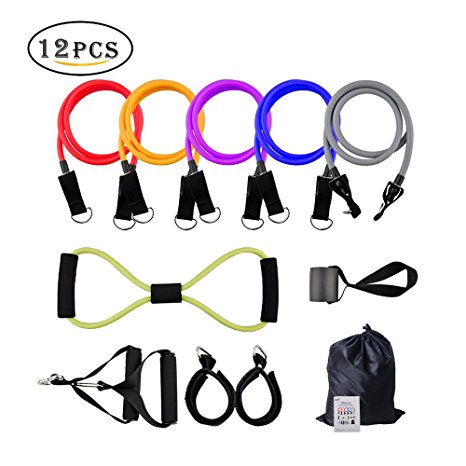 Resistance Bands Set with Door Anchor,Bial 12 PCS Exercise Bands Includes Exercise Chart with Carrying Bag Perfect for any Home Fitness Training - Workout Abs, Arms, Legs and Back