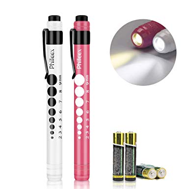 Pen Light, Phileex Nurse Pen Light Medical Penlight with Pupil Gauge for Nurses Nursing Students Doctors White and Pink with Batteries