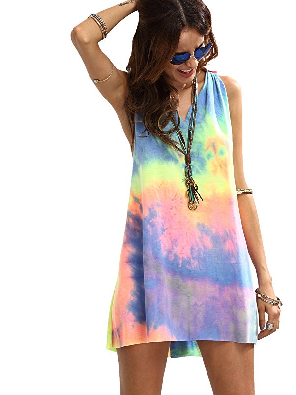 ROMWE Women's Sleeveless V Neck Tie Dye Tunic Tops Casual Swing Tee Shirt Dress