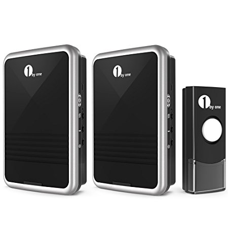 1byone Easy Chime Wireless Doorbell Kit, 2 Plug-in Receivers & 1 Push Button with CD Quality Sound and LED Flash 36 Melodies to Choose, Black