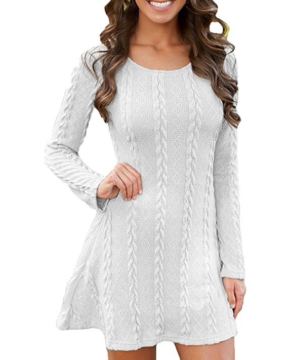 StyleDome Women Lace Hem Long Sleeve Round Neck Doll Flare Maxi Mini Dress