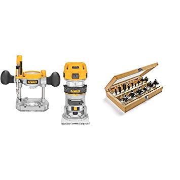 DEWALT DWP611PK 1.25 HP Max Torque Variable Speed Compact Router Combo Kit with LED's with 1901048 Marples Deluxe Router Bit Set (15 Piece)