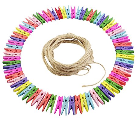 Katia 70 Pieces Instant Film Wooden Clips Peg Pin Clothespins Craft for Fujifilm Polaroid Instax Mini Photo with 10 Meters Jute Twines Rope