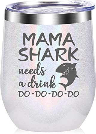 Mama Shark Needs a Drink - Gifts for Mom - Funny Birthday Gifts for Mom from Daughter, Son - Mom gifts for Christmas, Mother's Day, New Mon, Mommy, Wife, Women - 12 oz Wine Tumbler - White