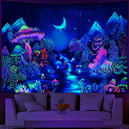 Blacklight Forest Trees Tapestry UV Reactive Mushroom Tapestry Fantasy Starry Moon Night Tapestry Trippy Neon Plants Tapestry Mysterious Mountain Landscape Wall Hanging for Room
